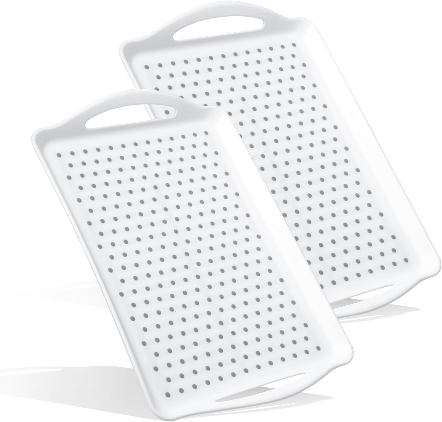 2 Pack Rectangular Large Non-slip Serving Trays with Handles, Silicone Grip Bump Food Trays, Lap Trays for Dinner Snacks Fruits Desserts Breakfast Drinks (White)