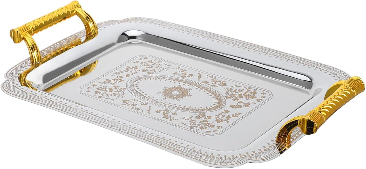 1pcs Creative European Style Double Handle Food Tray Retro Dinner Tray Multifunctional Buffet Tray for Home Restaurant Party Gold Pattern