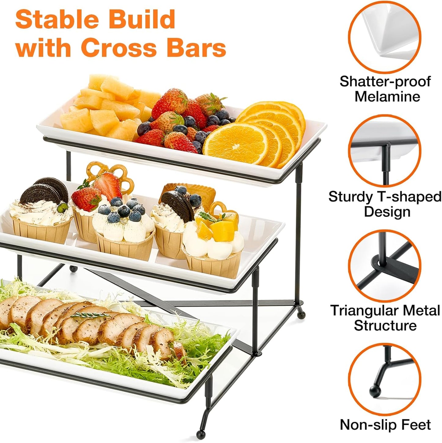 3-Tier Serving Tray Stand with Detachable White Ceramic Plates | Elegant Tiered Display for Dessert, Buffet, Parties, and Home Decor