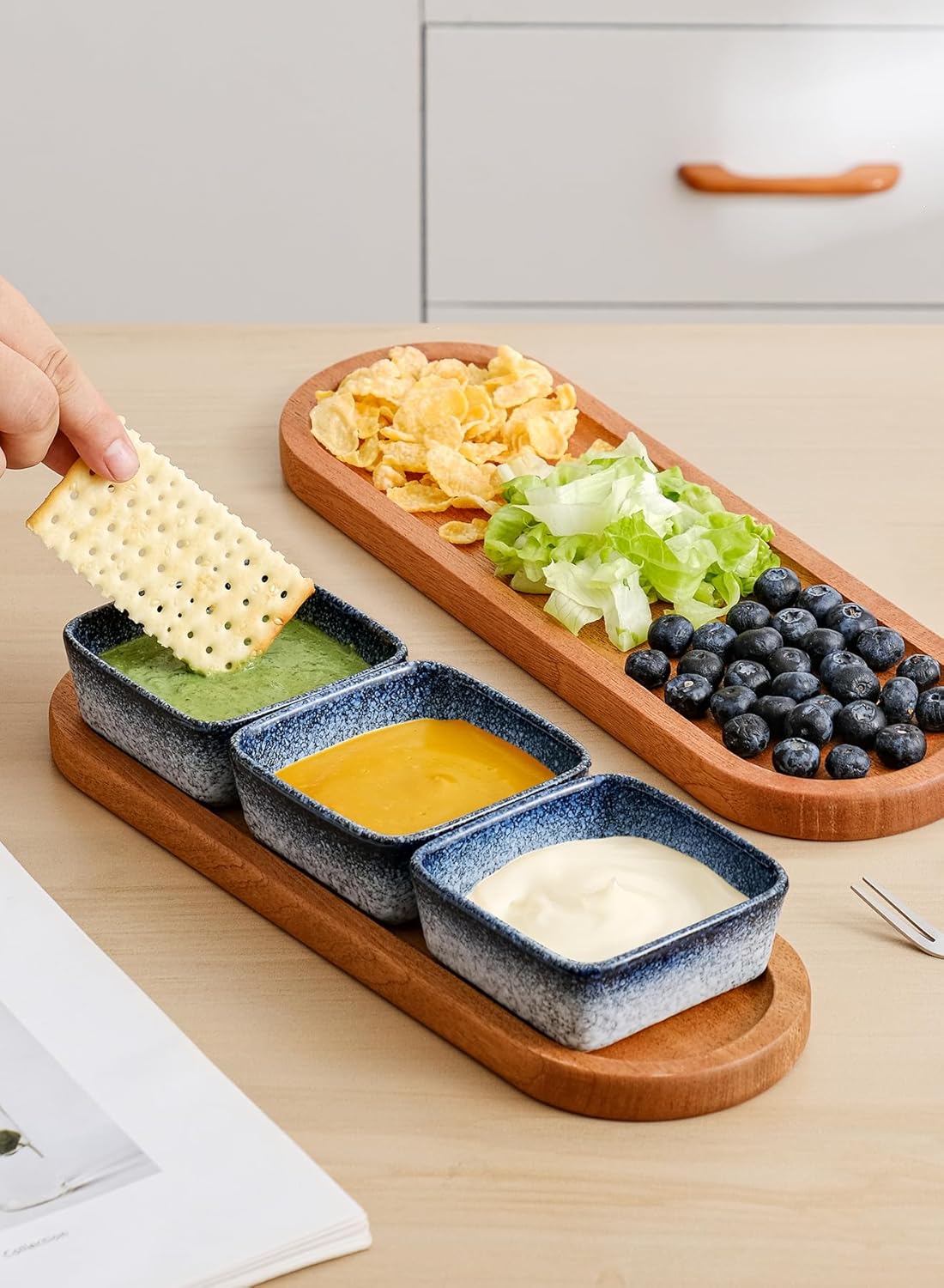 Japanese Ceramic Dipping Bowl with Wooden Tray Set|3.5" Sauce Dish + 12.5" Long Serving Platter|Stylish Minimalist Tableware
