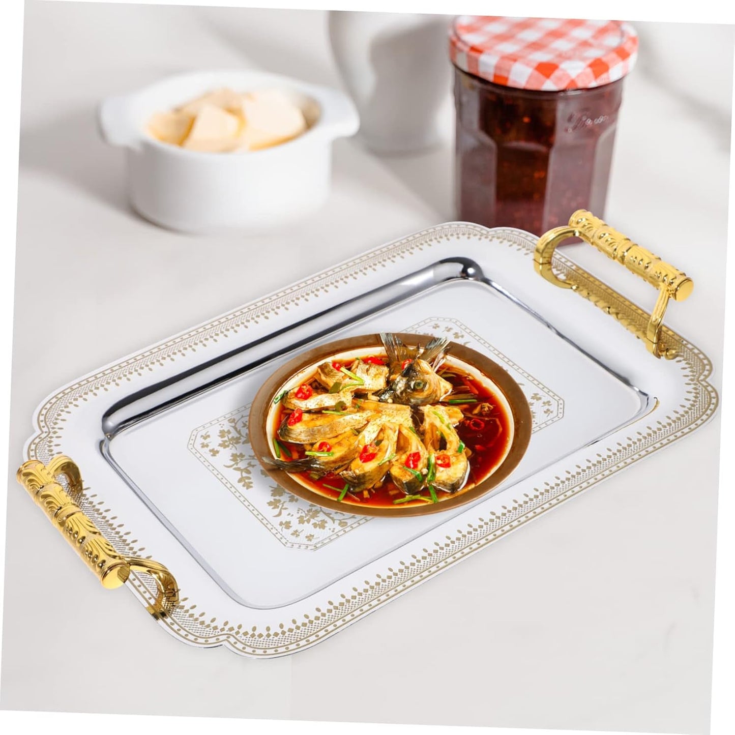 1pcs Creative European Style Double Handle Food Tray Retro Dinner Tray Multifunctional Buffet Tray for Home Restaurant Party Gold Pattern