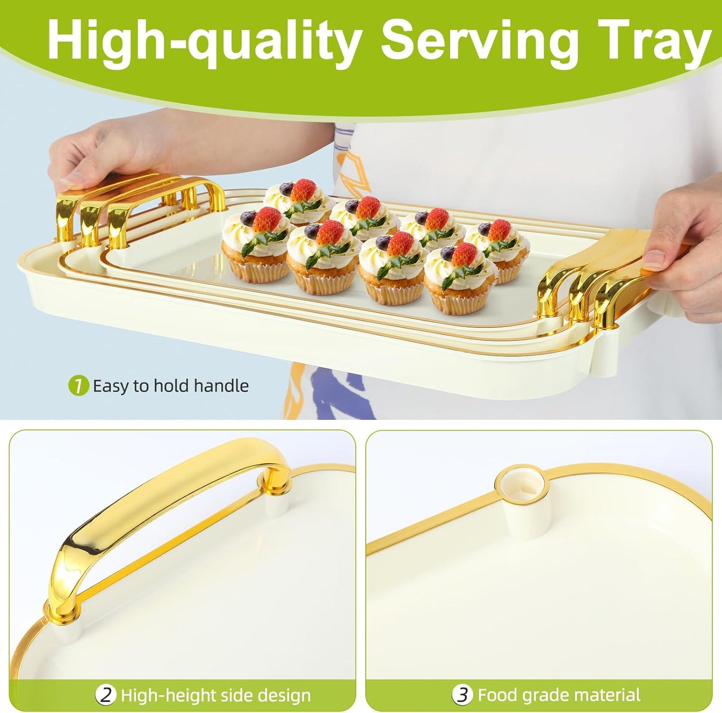 Elegant Gold-Edged Serving Tray Set (3 Sizes) with Handles | Decorative Display & Utility Trays