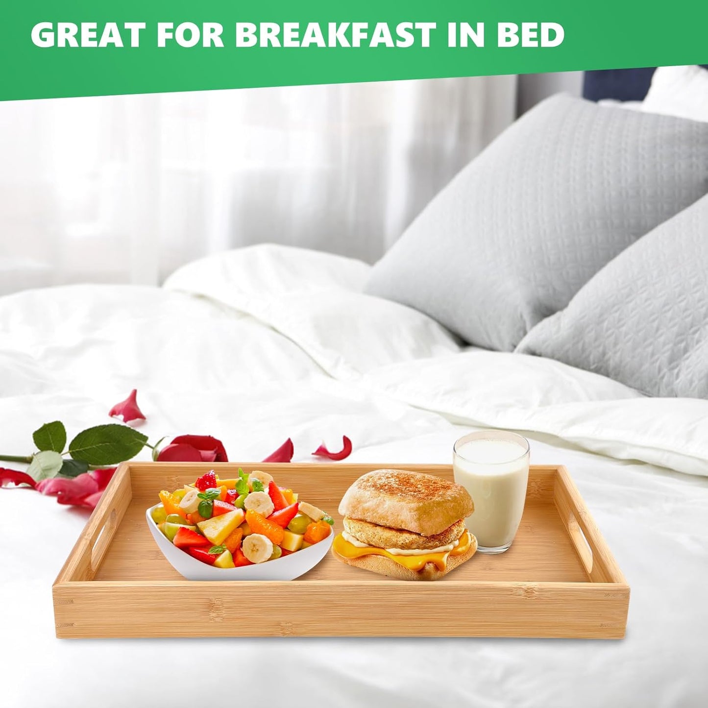 Bamboo Serving Tray Set - 2 Sizes|16.5" & 15.5" Rectangular Trays with Handles|Eco-Friendly Wood Tray for Food, Drinks, Decor