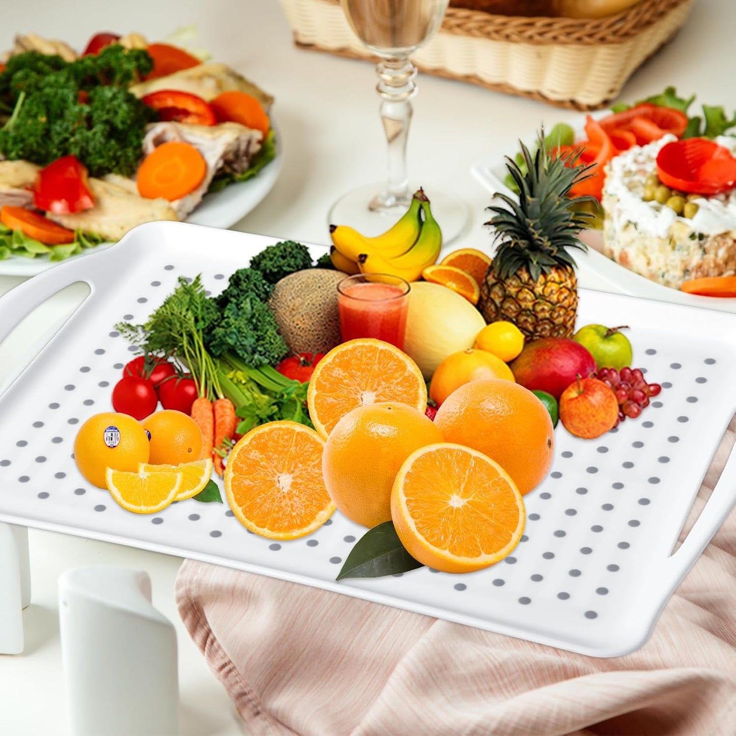 2 Pack Rectangular Large Non-slip Serving Trays with Handles, Silicone Grip Bump Food Trays, Lap Trays for Dinner Snacks Fruits Desserts Breakfast Drinks (White)