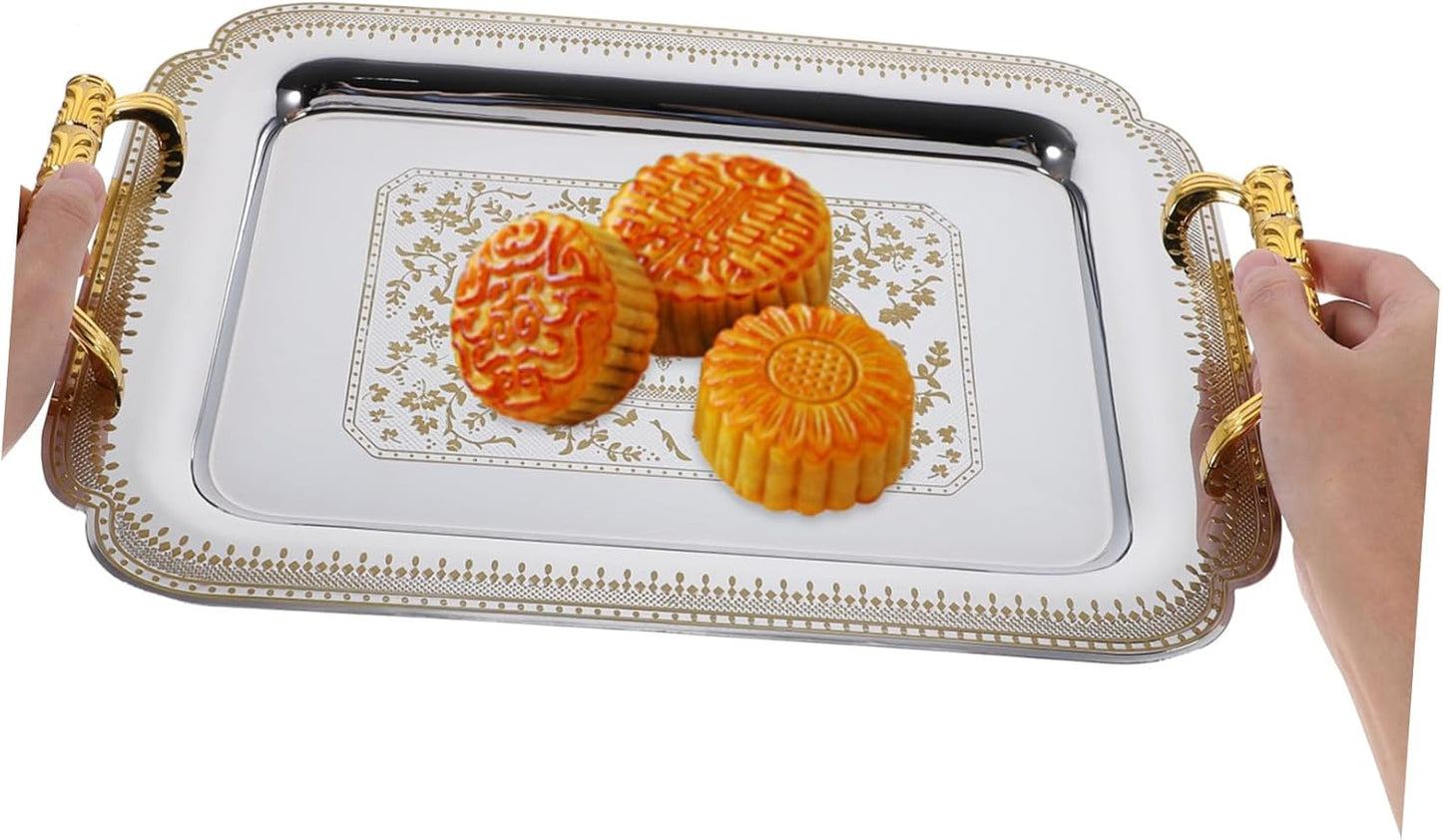 1pcs Creative European Style Double Handle Food Tray Retro Dinner Tray Multifunctional Buffet Tray for Home Restaurant Party Gold Pattern