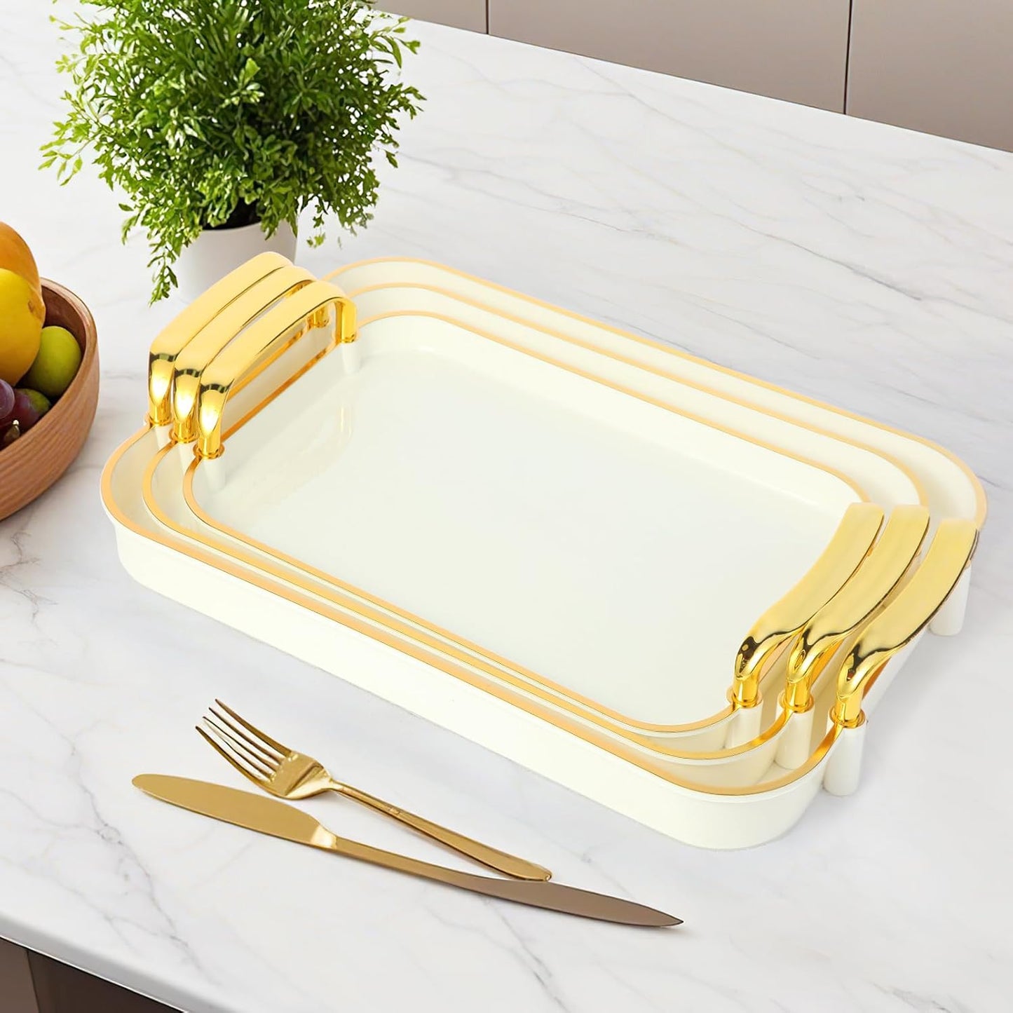Elegant Gold-Edged Serving Tray Set (3 Sizes) with Handles | Decorative Display & Utility Trays