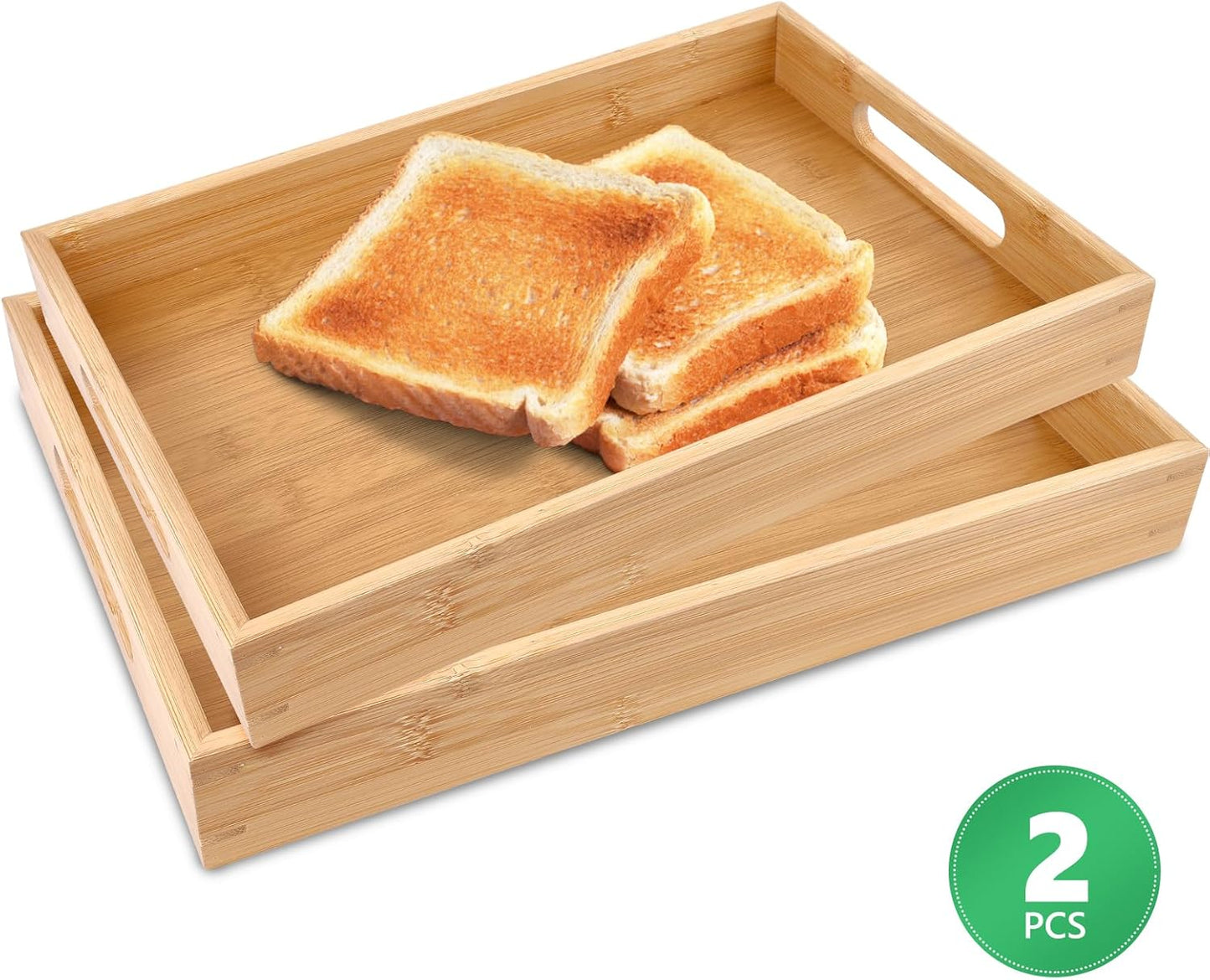 Bamboo Serving Tray Set - 2 Sizes|16.5" & 15.5" Rectangular Trays with Handles|Eco-Friendly Wood Tray for Food, Drinks, Decor