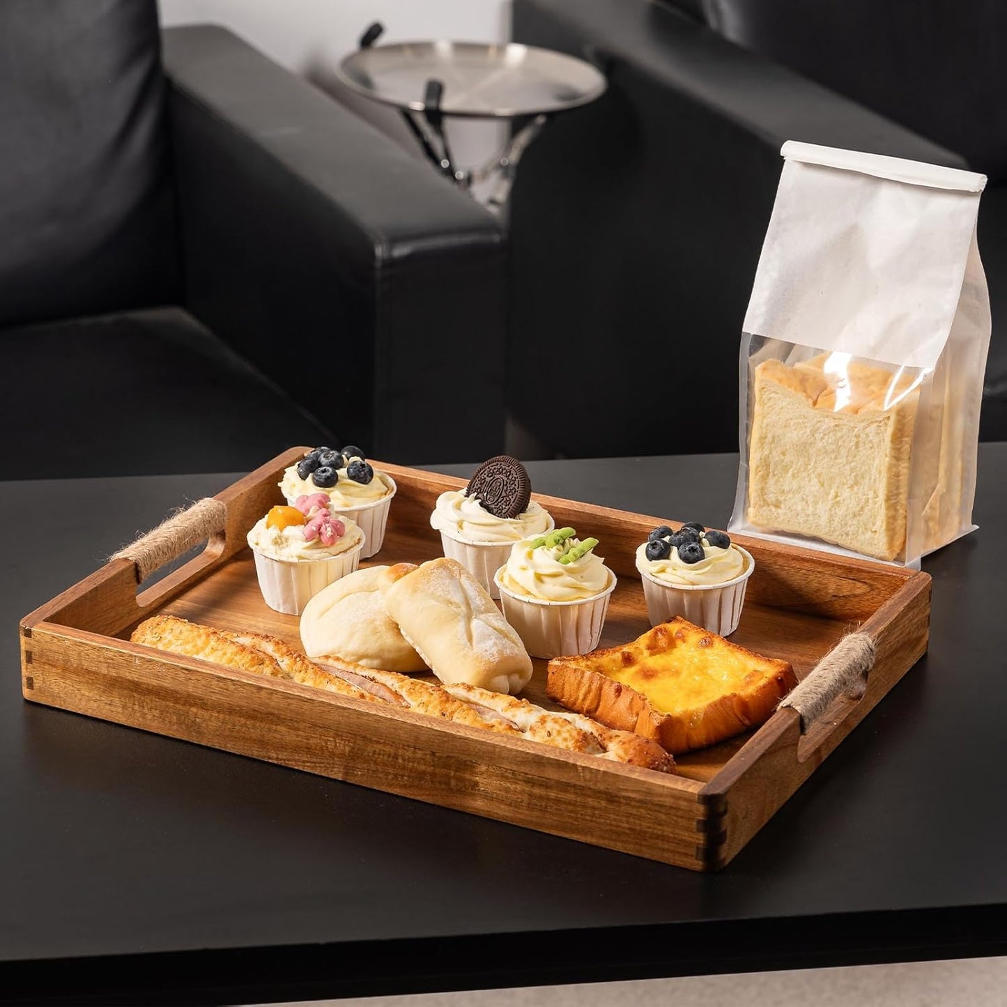 Rustic Wooden Serving Tray with Handmade Rope Handles | 16.5 x 12 Inches | Multi-Purpose Home Organizer