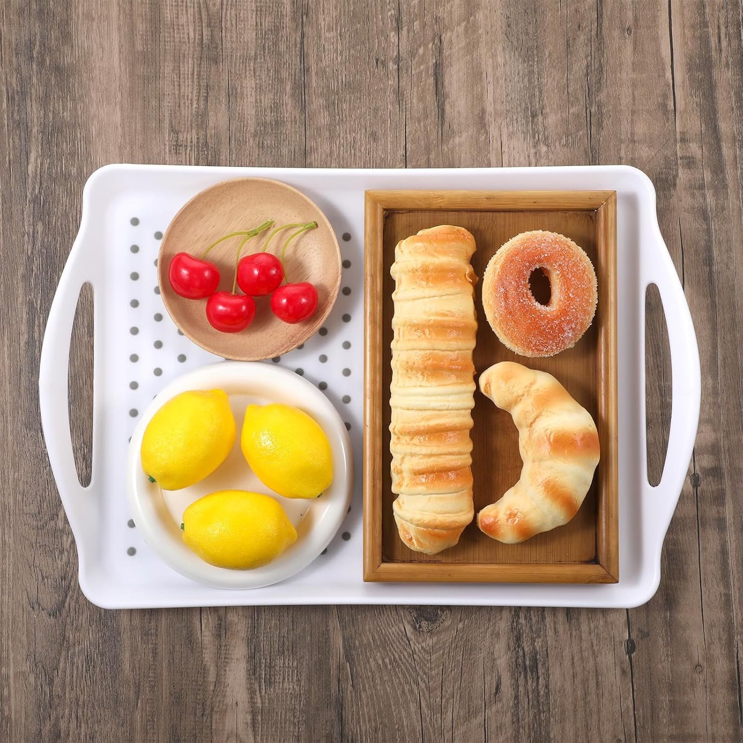 2 Pack Rectangular Large Non-slip Serving Trays with Handles, Silicone Grip Bump Food Trays, Lap Trays for Dinner Snacks Fruits Desserts Breakfast Drinks (White)