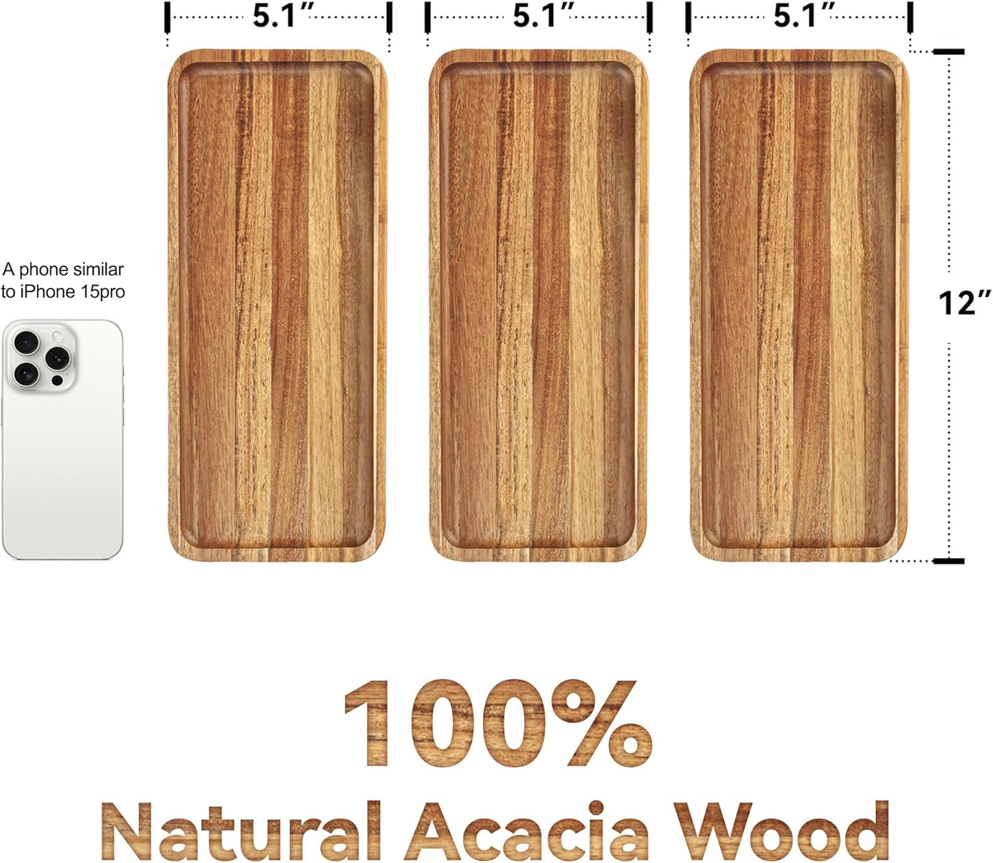 Set of 3 Natural Acacia Wood Serving Trays | 12" x 5.1" Rectangular Platters for Snacks, Fruits, Breakfast, or Jewelry Display
