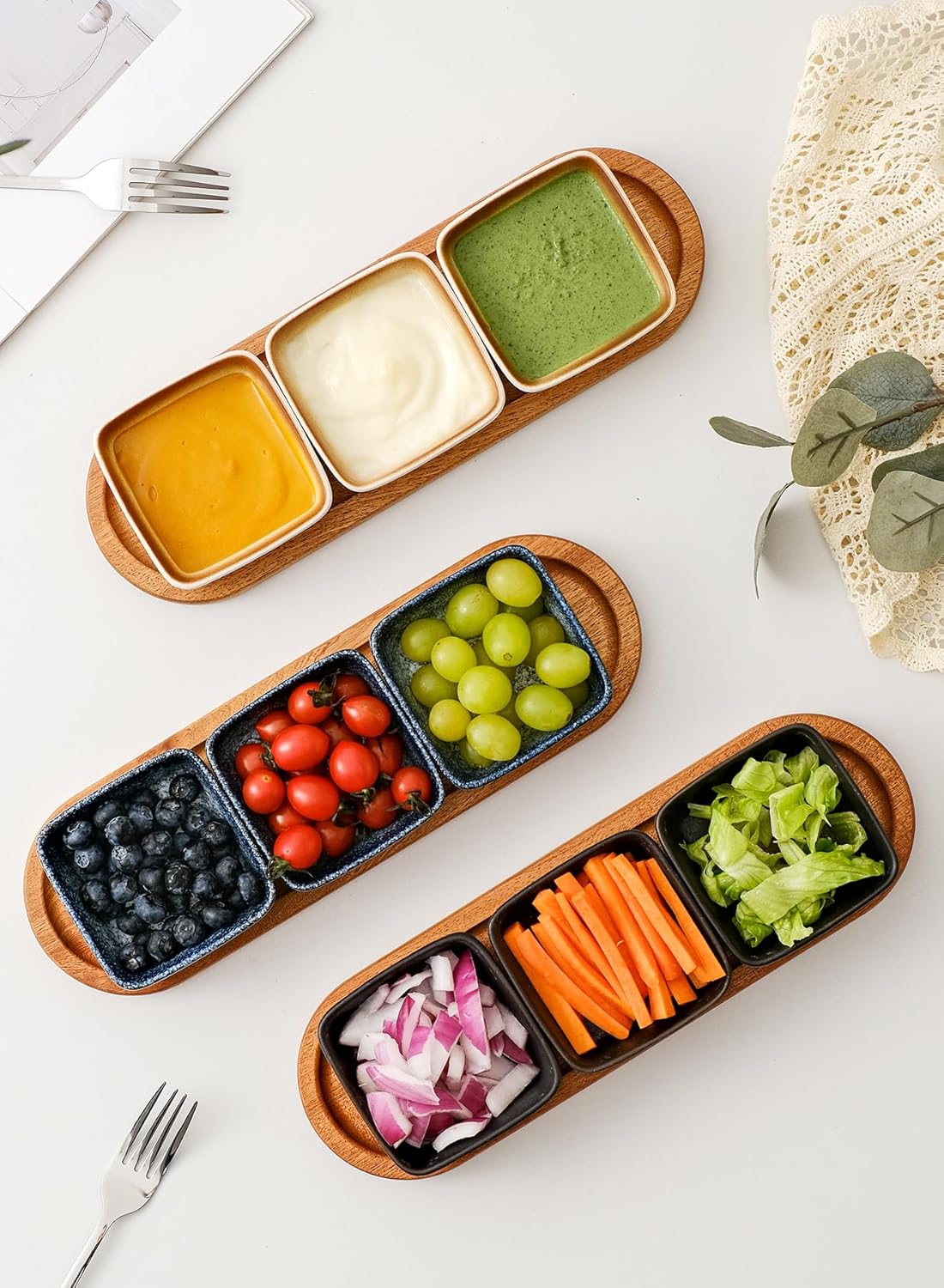 Japanese Ceramic Dipping Bowl with Wooden Tray Set|3.5" Sauce Dish + 12.5" Long Serving Platter|Stylish Minimalist Tableware