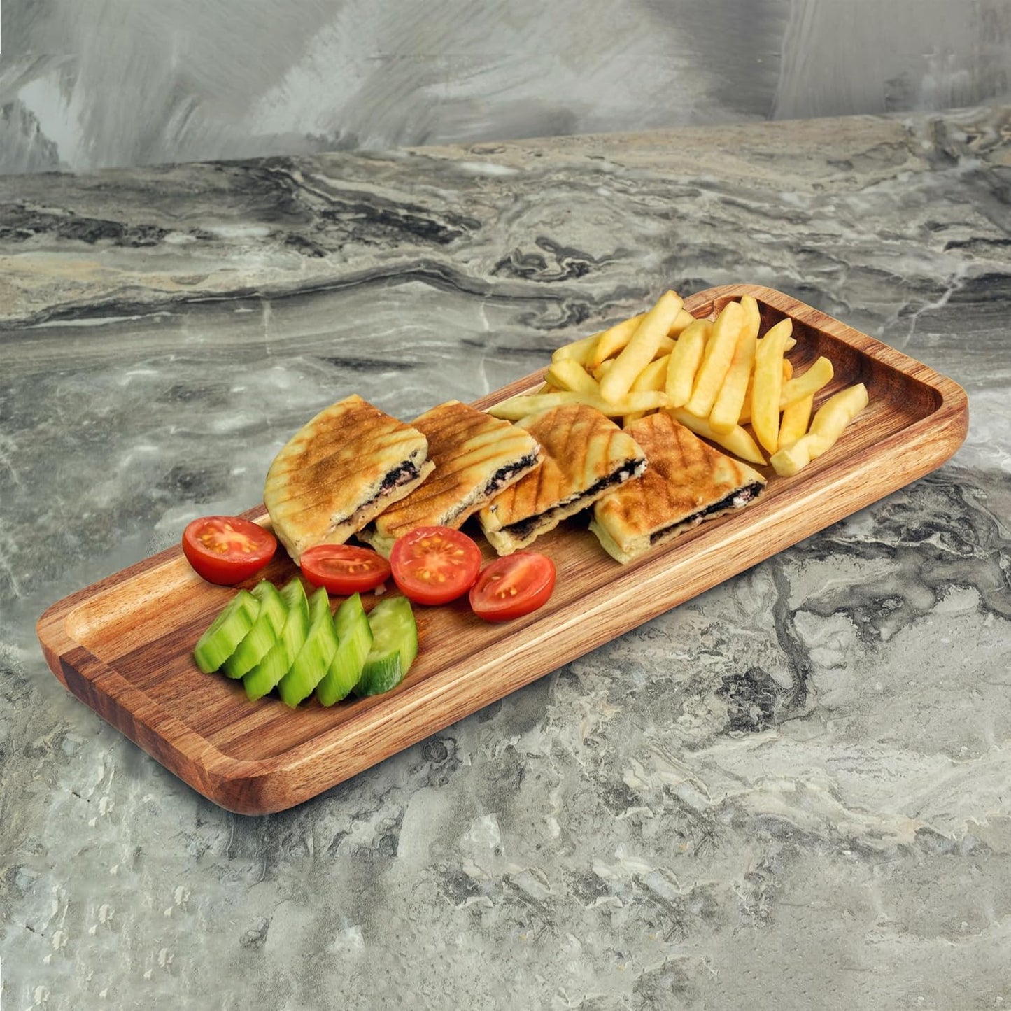 Set of 3 Natural Acacia Wood Serving Trays | 12" x 5.1" Rectangular Platters for Snacks, Fruits, Breakfast, or Jewelry Display