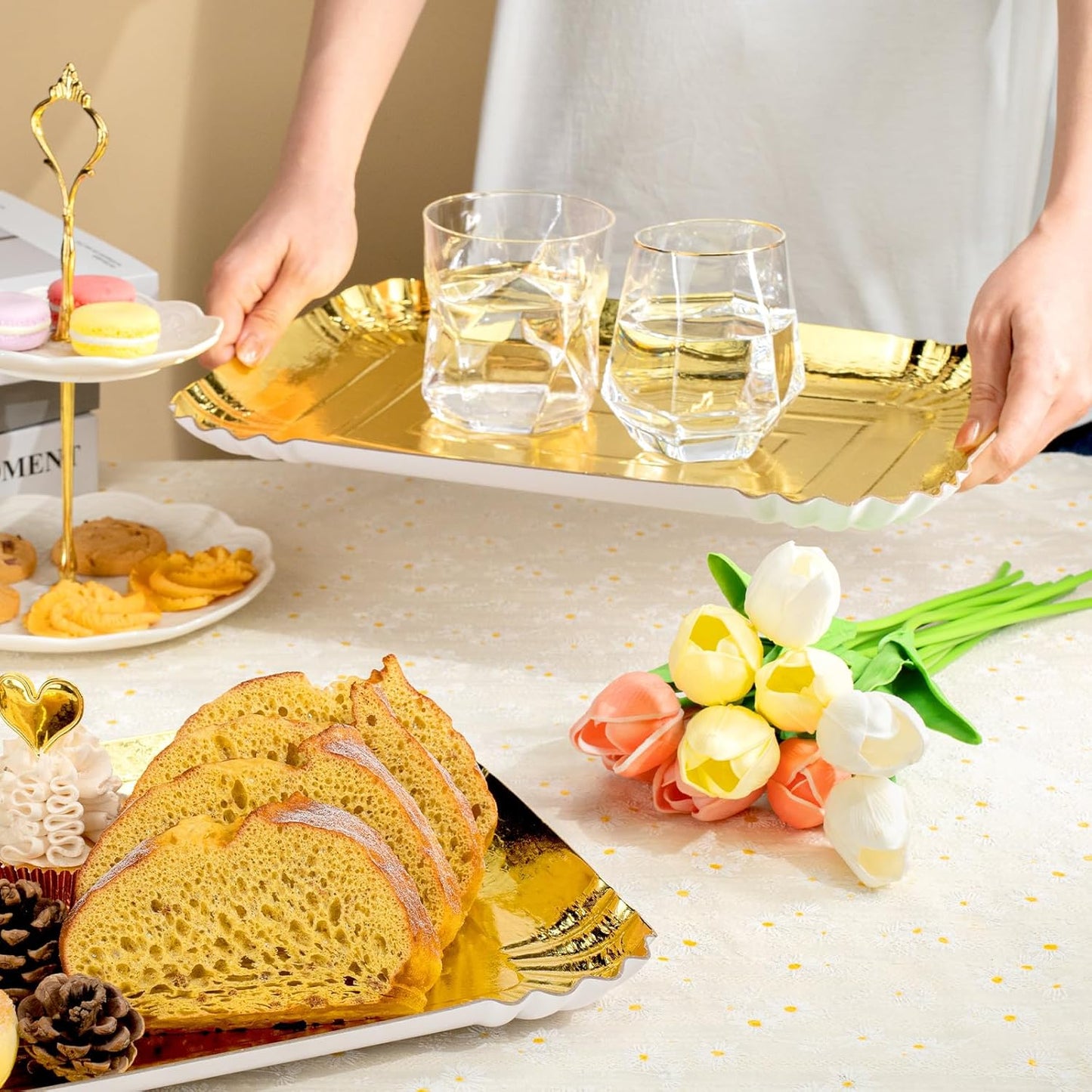 10-Pack Gold Rectangle Party Trays|14" x 10" Large Disposable Serving Platters with Foil Embossed Design
