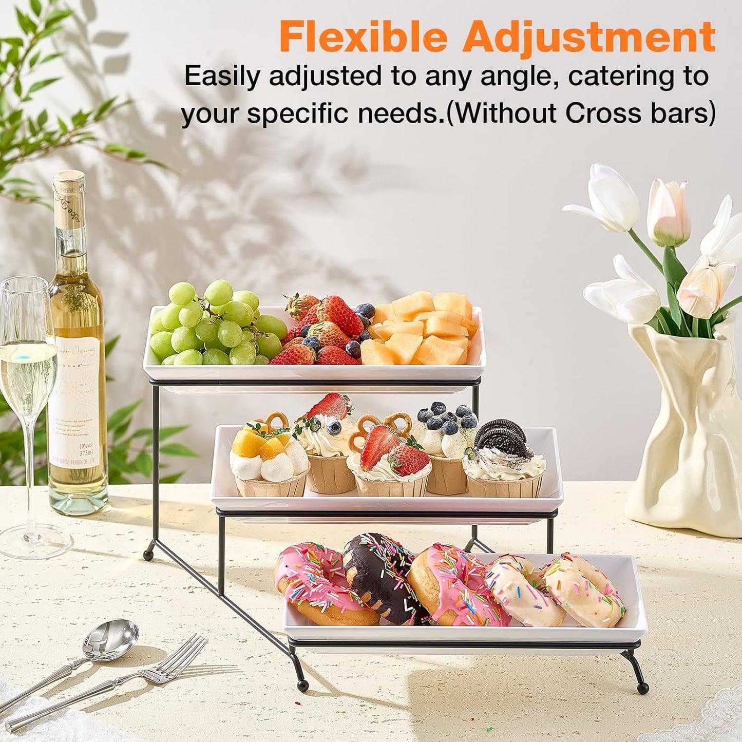 3-Tier Serving Tray Stand with Detachable White Ceramic Plates | Elegant Tiered Display for Dessert, Buffet, Parties, and Home Decor