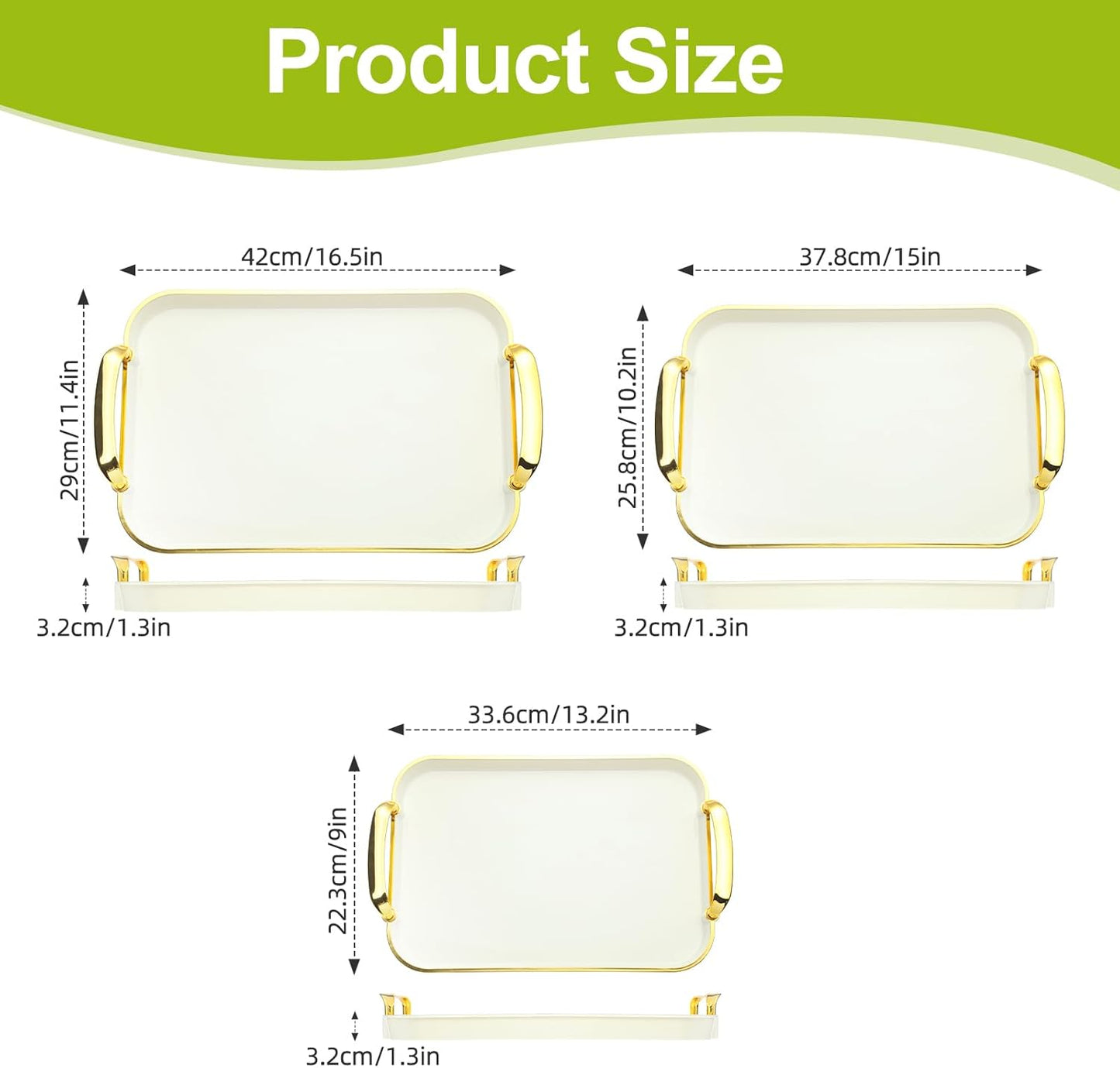 Elegant Gold-Edged Serving Tray Set (3 Sizes) with Handles | Decorative Display & Utility Trays