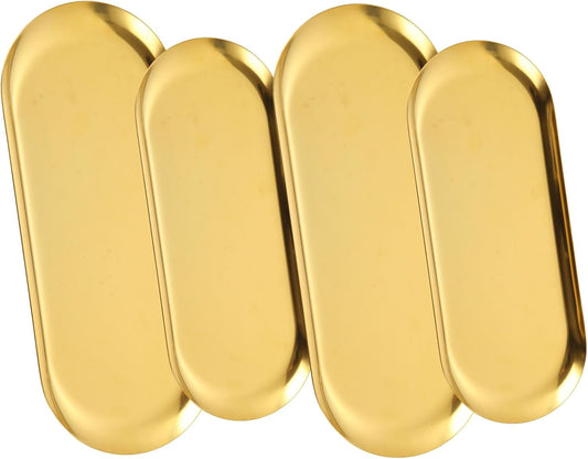 4pcs 304 Stainless Steel Tray Set Gold Plates for Serving Food Large Metal Tray Decorative 12 Inch 9 Inch Long Plate Oval Storage Tray Thickened Dinner Plate for Party Buffet Sushi Snacks