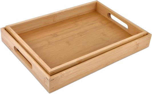Bamboo Serving Tray Set - 2 Sizes｜16.5" & 15.5" Rectangular Trays with Handles｜Eco-Friendly Wood Tray for Food, Drinks, Decor