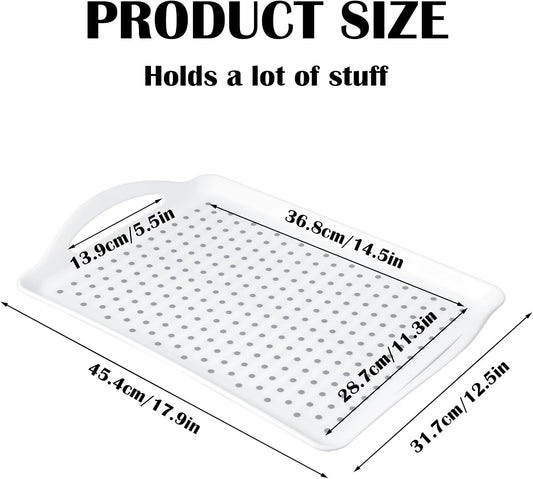 2 Pack Rectangular Large Non-slip Serving Trays with Handles, Silicone Grip Bump Food Trays, Lap Trays for Dinner Snacks Fruits Desserts Breakfast Drinks (White)