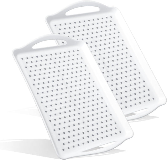 2 Pack Rectangular Large Non-slip Serving Trays with Handles, Silicone Grip Bump Food Trays, Lap Trays for Dinner Snacks Fruits Desserts Breakfast Drinks (White)