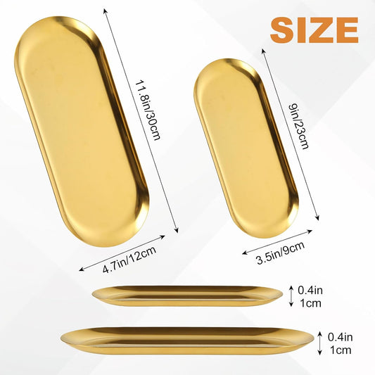4pcs 304 Stainless Steel Tray Set Gold Plates for Serving Food Large Metal Tray Decorative 12 Inch 9 Inch Long Plate Oval Storage Tray Thickened Dinner Plate for Party Buffet Sushi Snacks