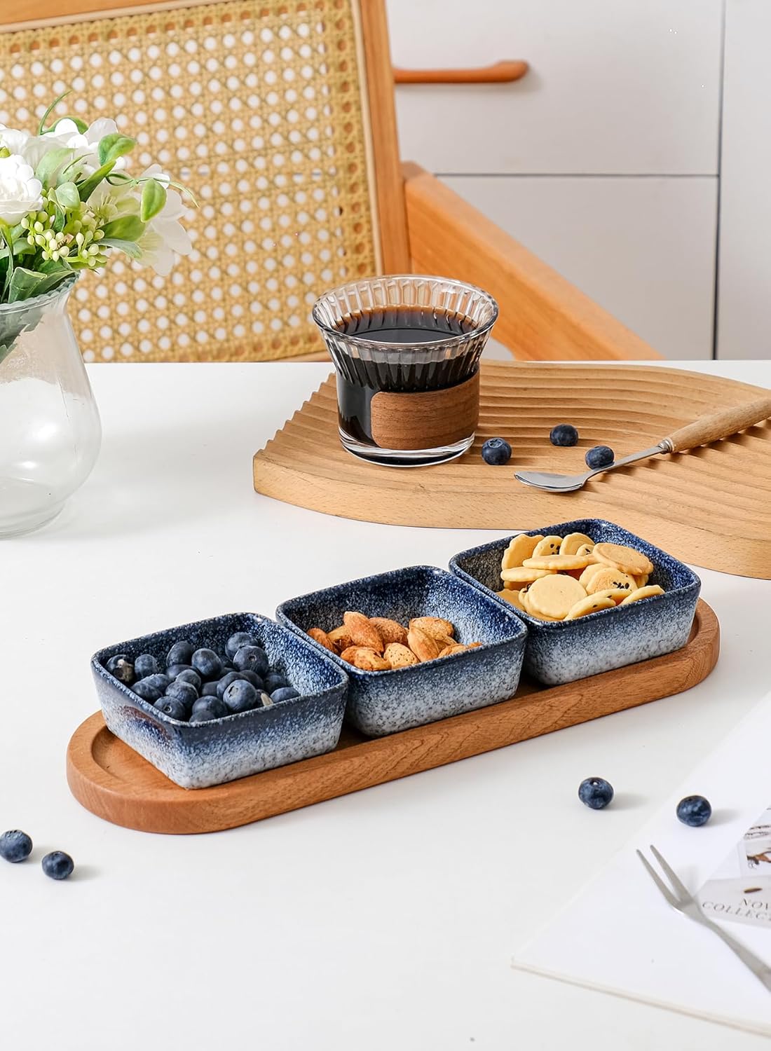 Japanese Ceramic Dipping Bowl with Wooden Tray Set｜3.5" Sauce Dish + 12.5" Long Serving Platter｜Stylish Minimalist Tableware