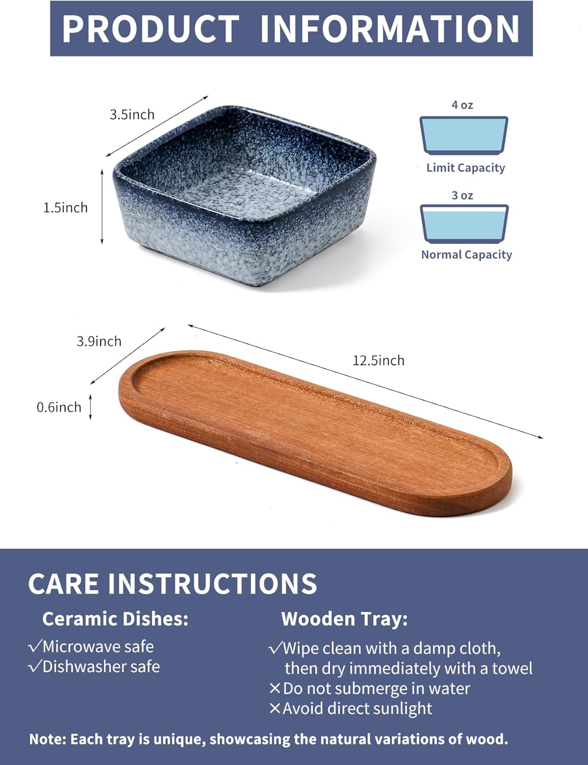 Japanese Ceramic Dipping Bowl with Wooden Tray Set｜3.5" Sauce Dish + 12.5" Long Serving Platter｜Stylish Minimalist Tableware
