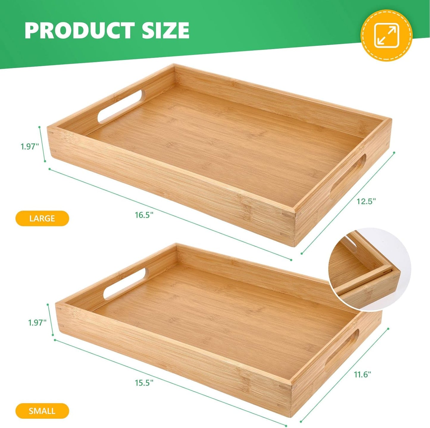 Bamboo Serving Tray Set - 2 Sizes｜16.5" & 15.5" Rectangular Trays with Handles｜Eco-Friendly Wood Tray for Food, Drinks, Decor