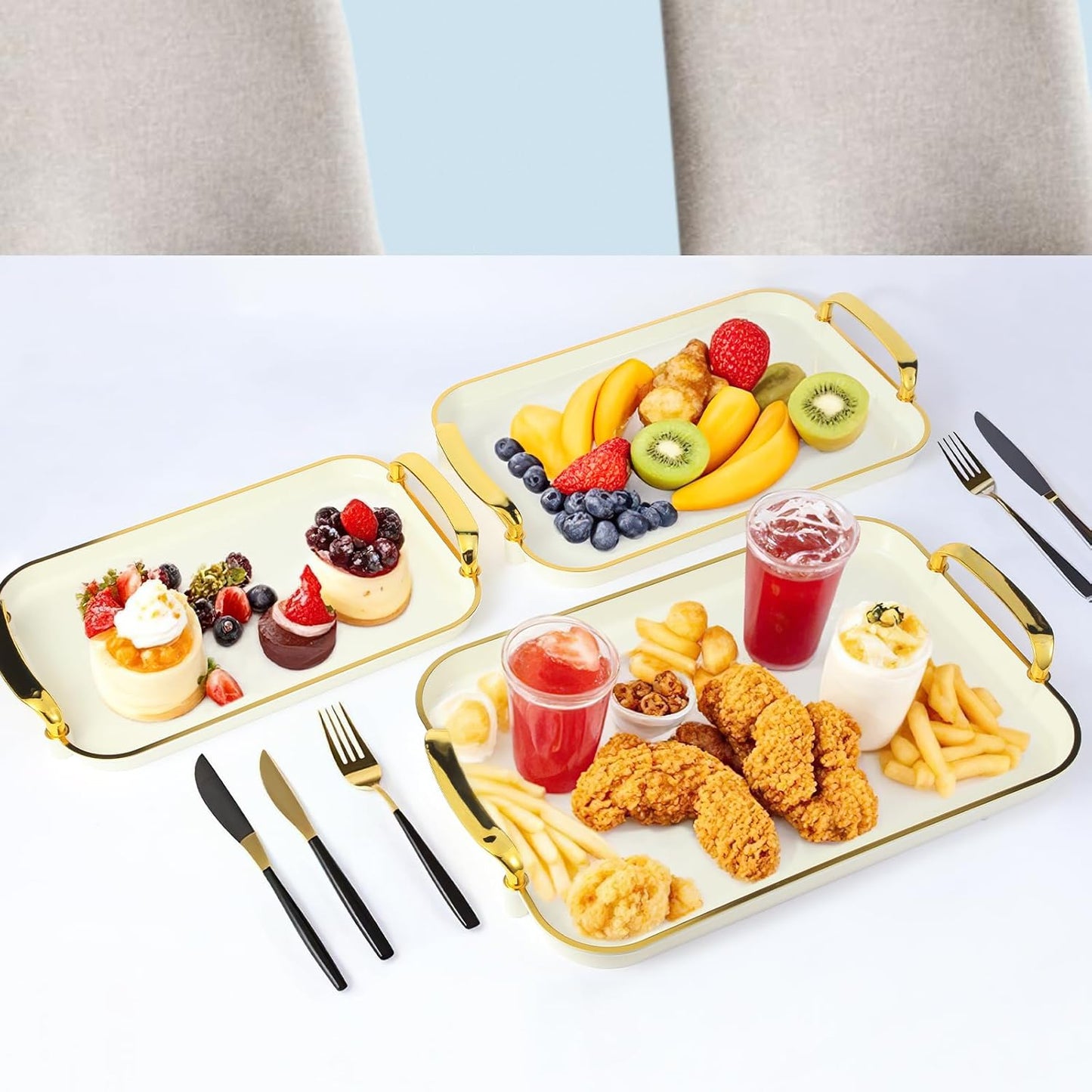 Elegant Gold-Edged Serving Tray Set (3 Sizes) with Handles | Decorative Display & Utility Trays