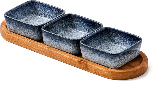 Japanese Ceramic Dipping Bowl with Wooden Tray Set｜3.5" Sauce Dish + 12.5" Long Serving Platter｜Stylish Minimalist Tableware