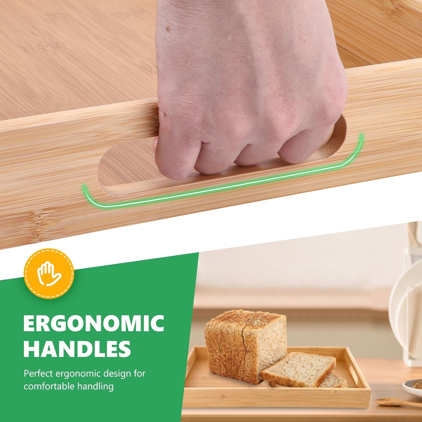 Bamboo Serving Tray Set - 2 Sizes｜16.5" & 15.5" Rectangular Trays with Handles｜Eco-Friendly Wood Tray for Food, Drinks, Decor