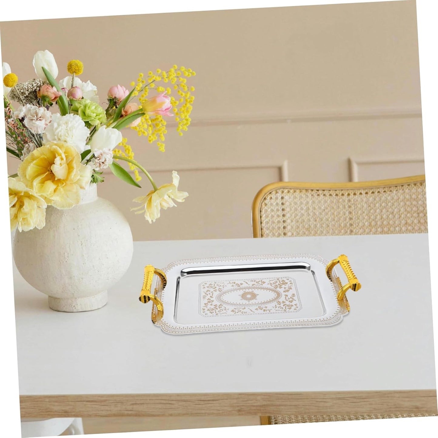 1pcs Creative European Style Double Handle Food Tray Retro Dinner Tray Multifunctional Buffet Tray for Home Restaurant Party Gold Pattern