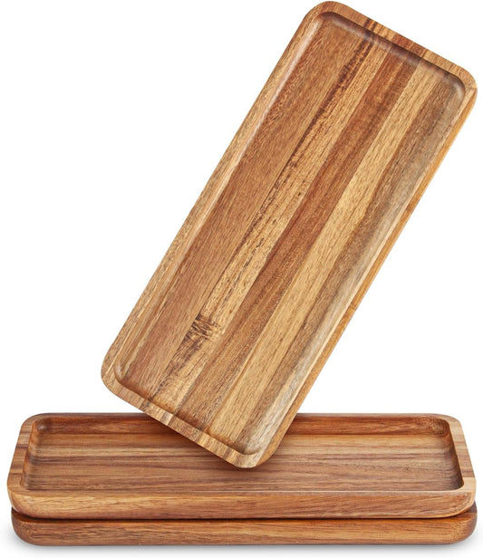 Set of 3 Natural Acacia Wood Serving Trays | 12" x 5.1" Rectangular Platters for Snacks, Fruits, Breakfast, or Jewelry Display