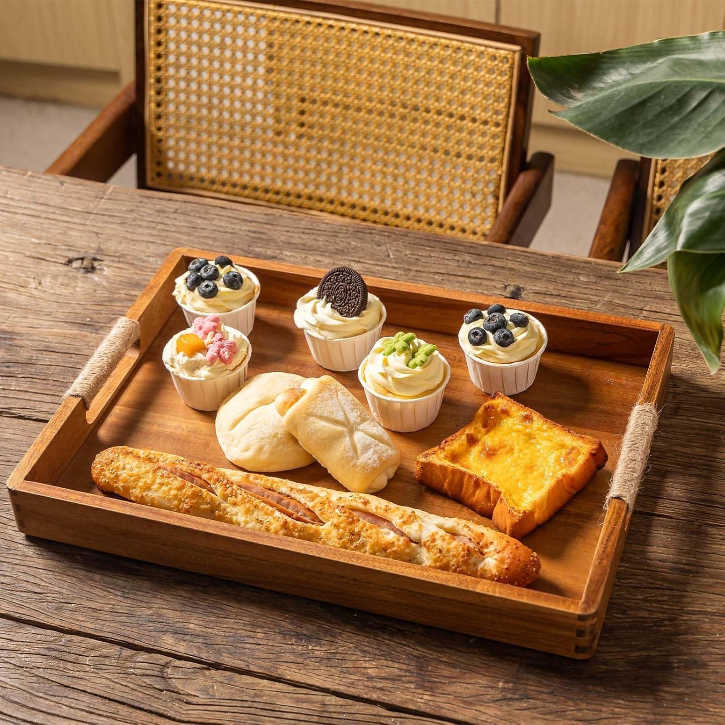 Rustic Wooden Serving Tray with Handmade Rope Handles | 16.5 x 12 Inches | Multi-Purpose Home Organizer