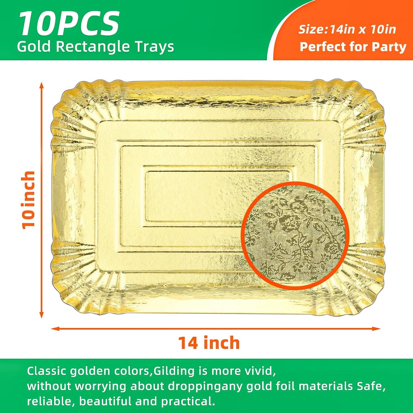 10-Pack Gold Rectangle Party Trays｜14" x 10" Large Disposable Serving Platters with Foil Embossed Design