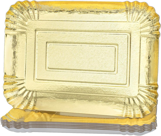 10-Pack Gold Rectangle Party Trays｜14" x 10" Large Disposable Serving Platters with Foil Embossed Design