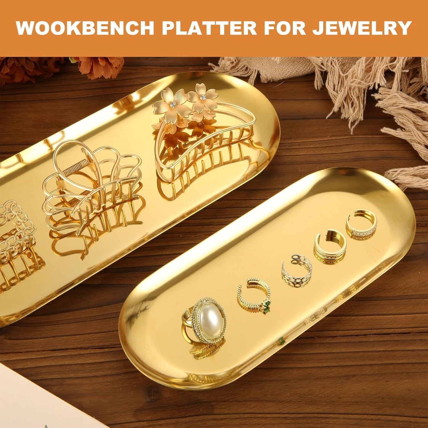 4pcs 304 Stainless Steel Tray Set Gold Plates for Serving Food Large Metal Tray Decorative 12 Inch 9 Inch Long Plate Oval Storage Tray Thickened Dinner Plate for Party Buffet Sushi Snacks