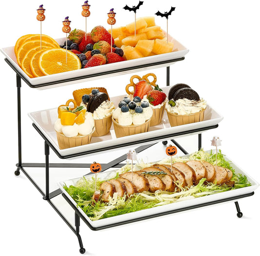 3-Tier Serving Tray Stand with Detachable White Ceramic Plates | Elegant Tiered Display for Dessert, Buffet, Parties, and Home Decor