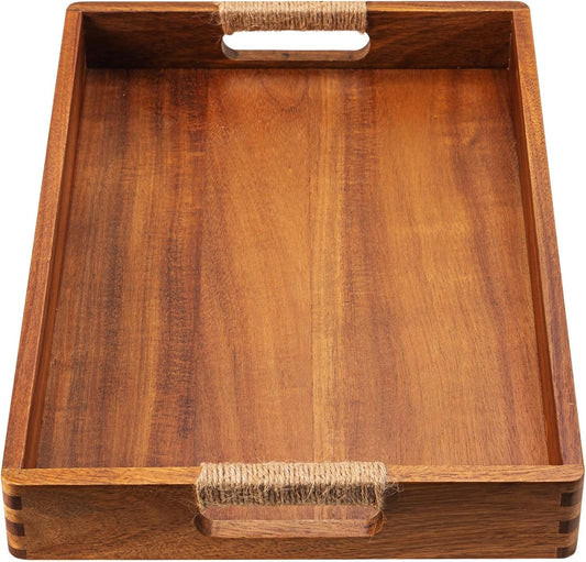 Rustic Wooden Serving Tray with Handmade Rope Handles | 16.5 x 12 Inches | Multi-Purpose Home Organizer