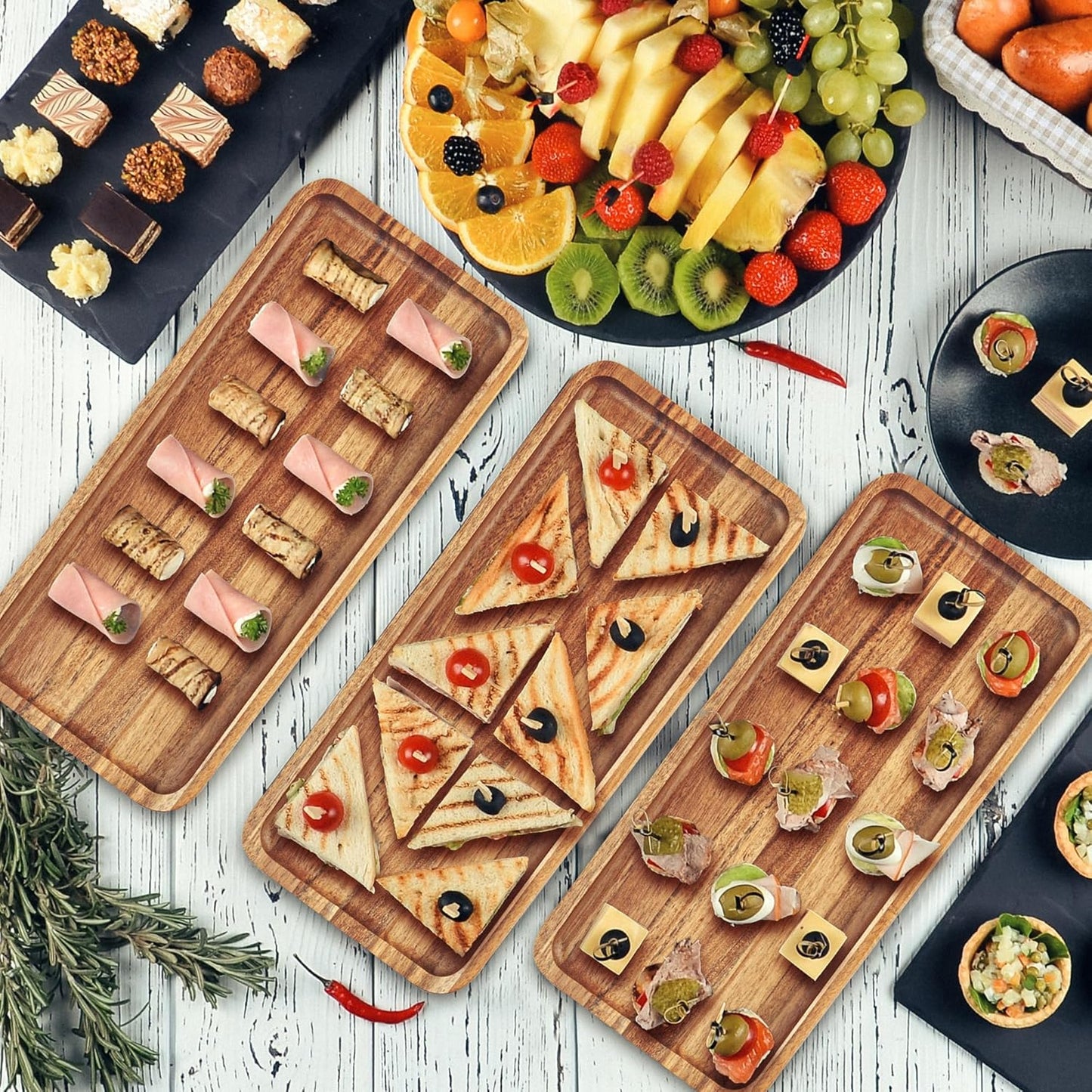 Set of 3 Natural Acacia Wood Serving Trays | 12" x 5.1" Rectangular Platters for Snacks, Fruits, Breakfast, or Jewelry Display